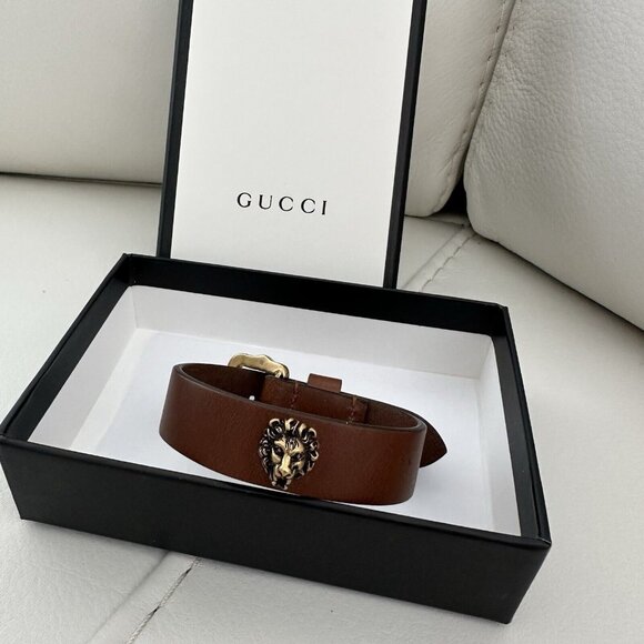 NEW GUCCI Lion Head Leather Bracelet Size M Brown - Picture 1 of 5